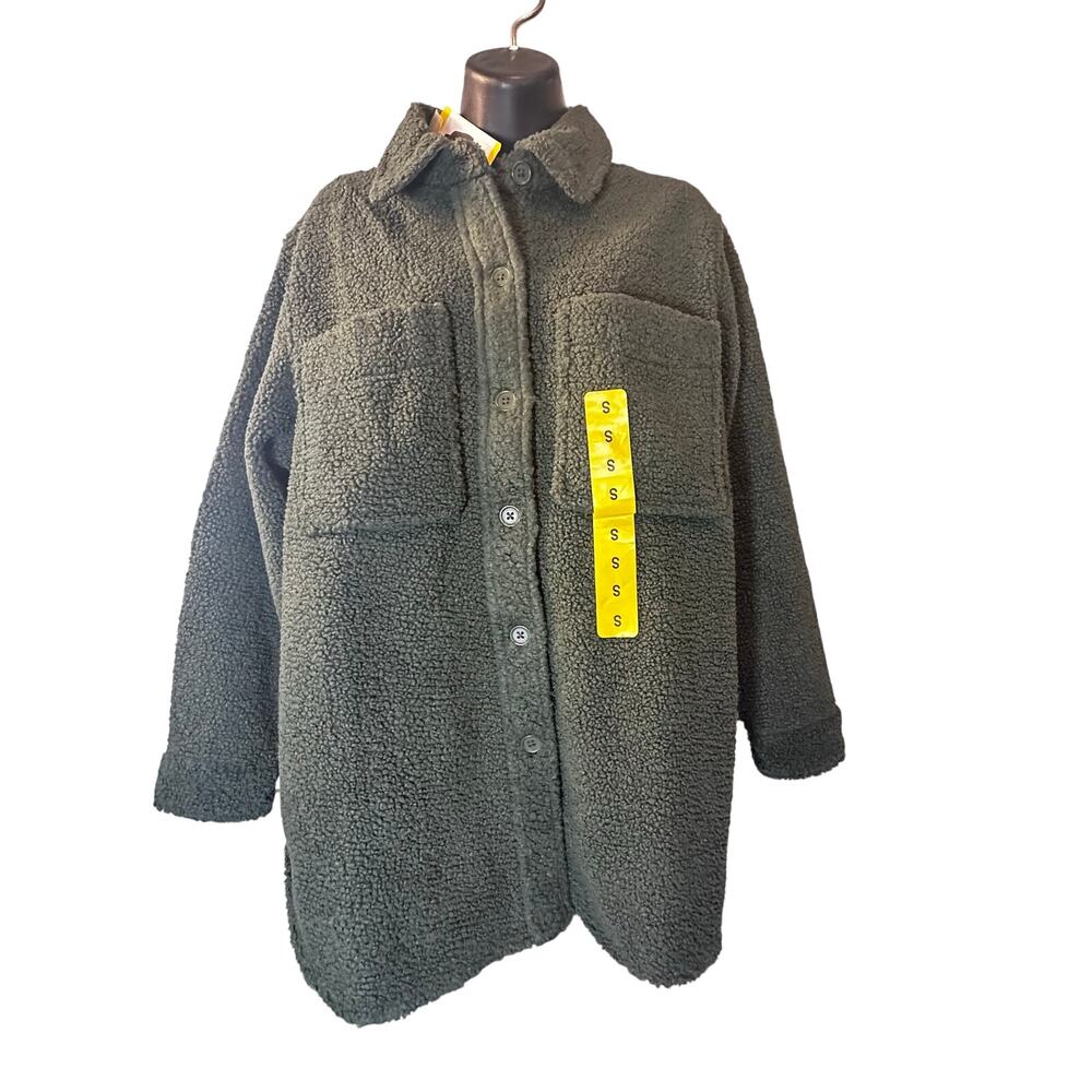 NWT Earthmade Womens Size S Olive Green Sherpa Fleece Shacket Shirt Jacket